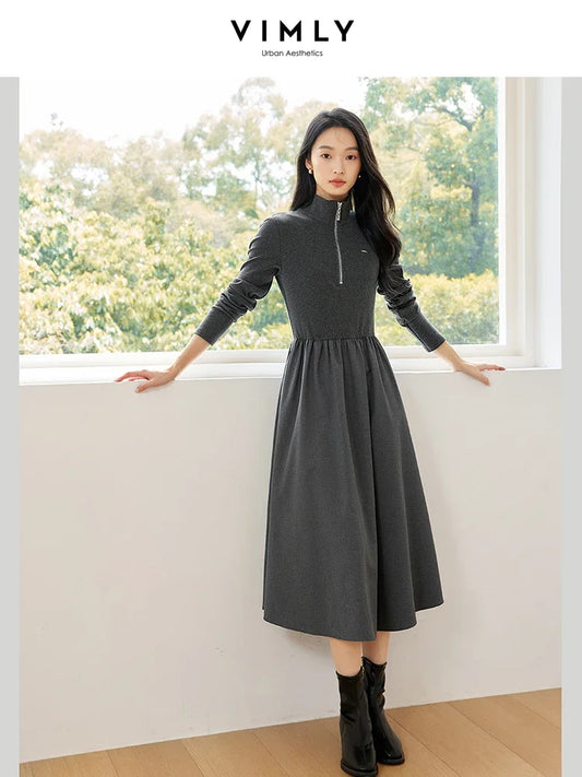 VIMLY Women's Solid Patchwork Simple A-Line Dresses Semi High Neck Long Sleeve Waisted Office Lady Minimalist Temperament Dress