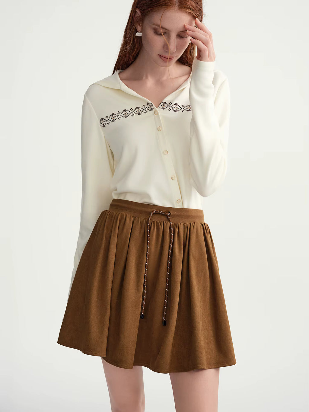 Plus-Size Women's Soft Warm Touch Slanted Collar Embroidered Top with Attached Hood Winter 2025 New Arrival Long Sleeve