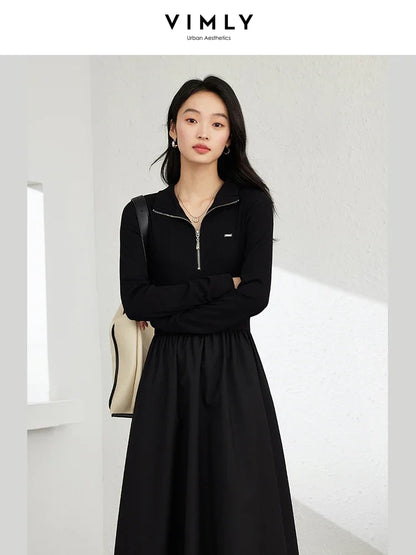 VIMLY Women's Solid Patchwork Simple A-Line Dresses Semi High Neck Long Sleeve Waisted Office Lady Minimalist Temperament Dress