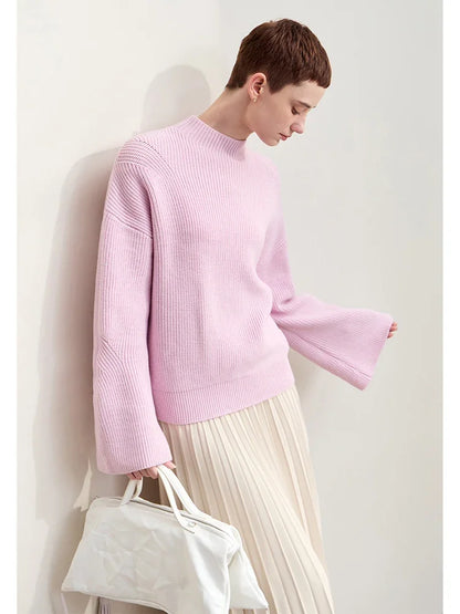 Amii Minimalism 2024 Autumn Sweaters for Women New Commuter Retro Mock Neck Flared Sleeve Loose Knitted Cozy Pullovers 12443180