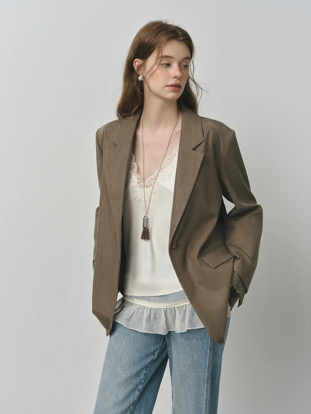 FSLE Design Sensitive French Women's Blazer with Lace Trim 2025 Autumn New Arrival White Suit Blazers