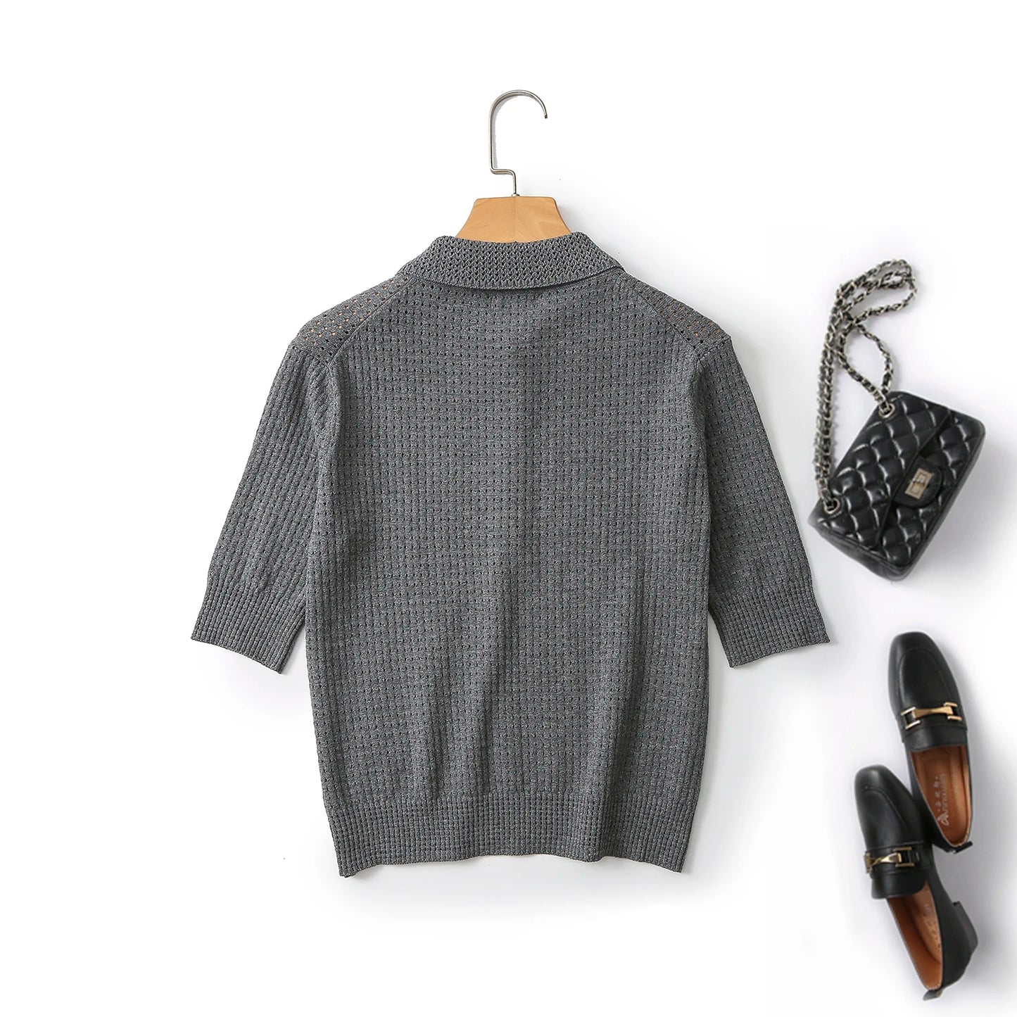 Ethereal MD 2024  new style of Women's casual Gray smart commuter hollowed out Polo neck five-quarter sleeve sweater