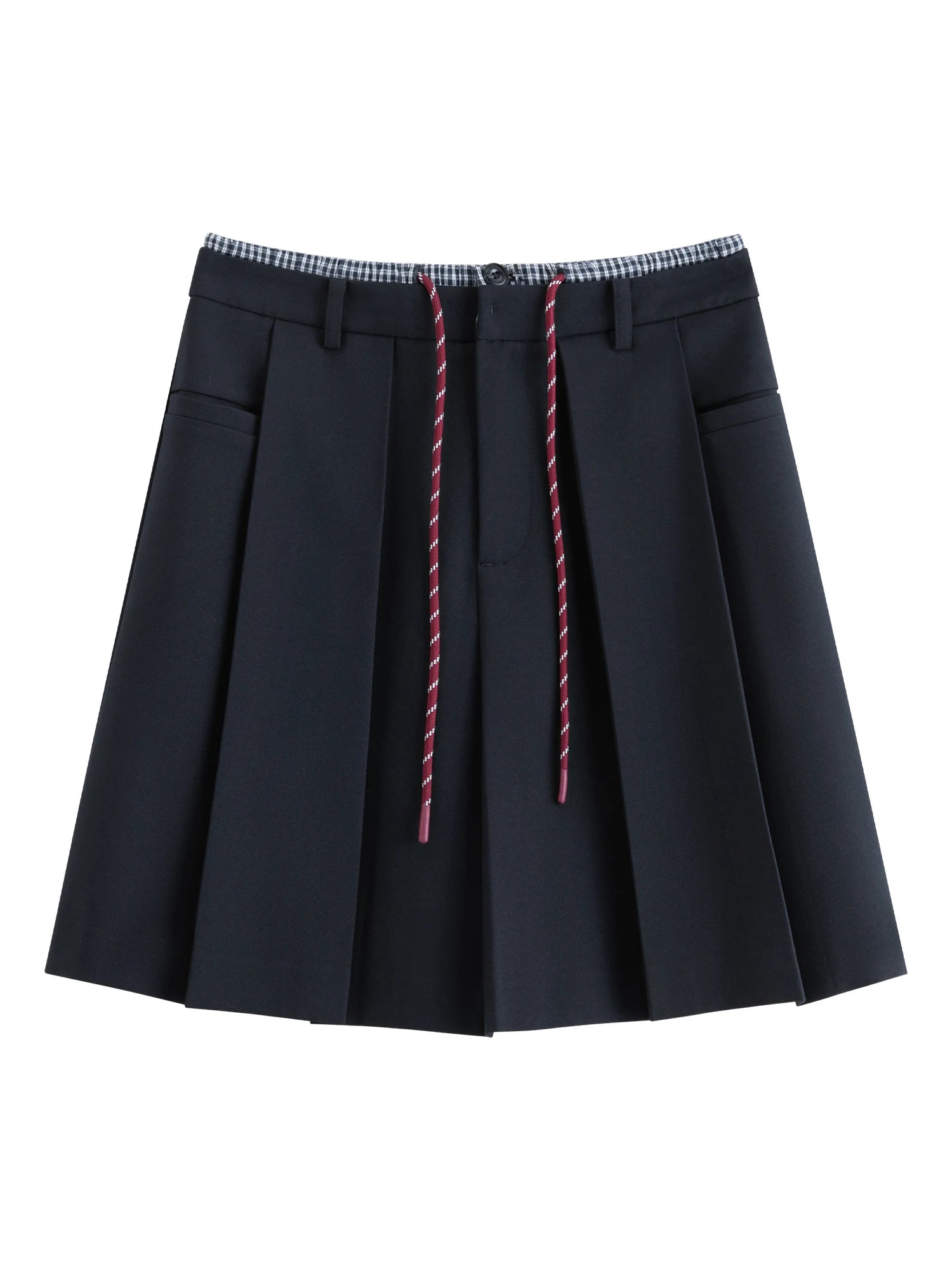 FSLE Double Waist Fake Two-piece Plaid Splicing Drawstring Skirt 2025 Autumn New Style Skirt