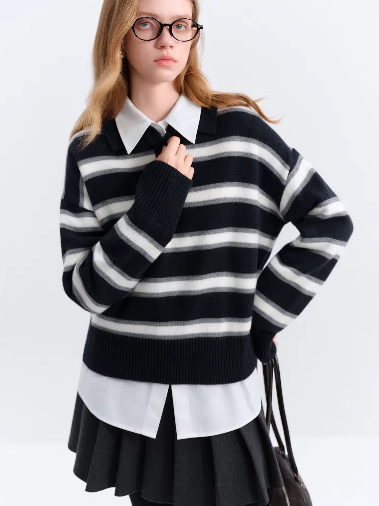 Casual Contrast Color Striped Turn Down Collar Sweater Women Loose 2025 Winter New Retro Sweater Soft Cozy Homewear