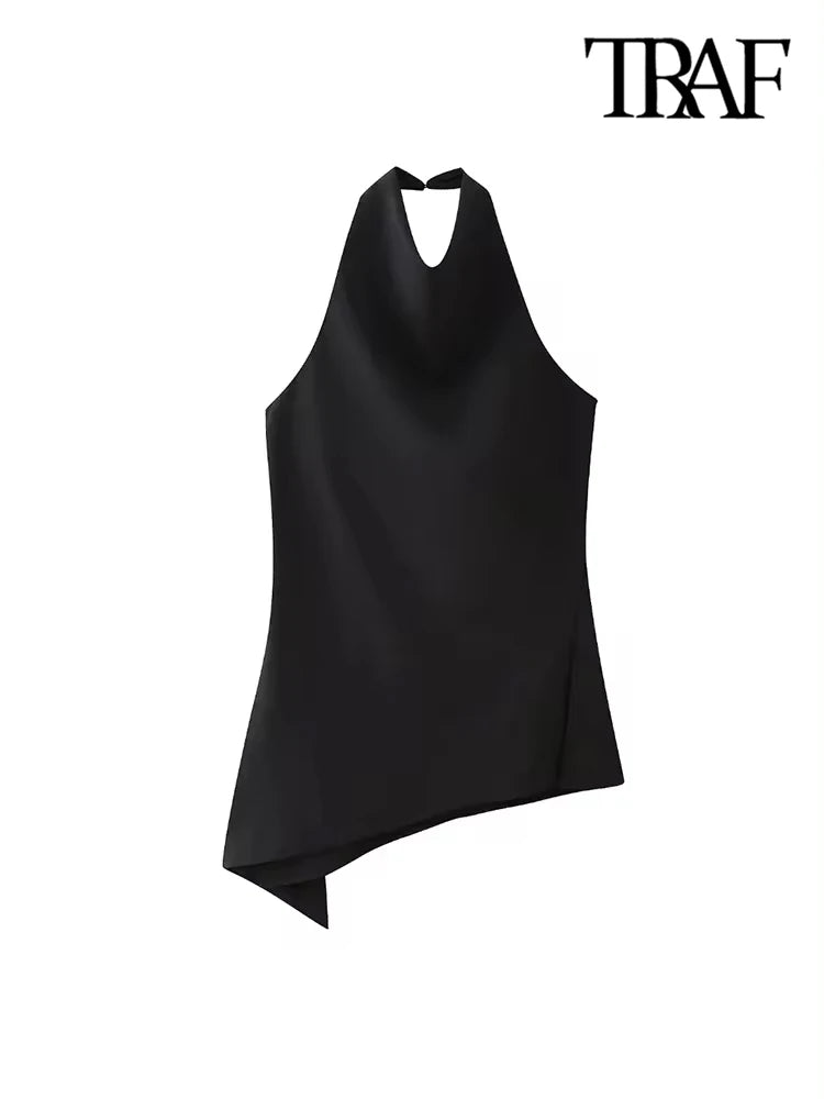 TRAF-Women's Flowing Asymmetric Tank Tops, Halter Neck, Backless, Sleeveless, Female Camis, Fashion