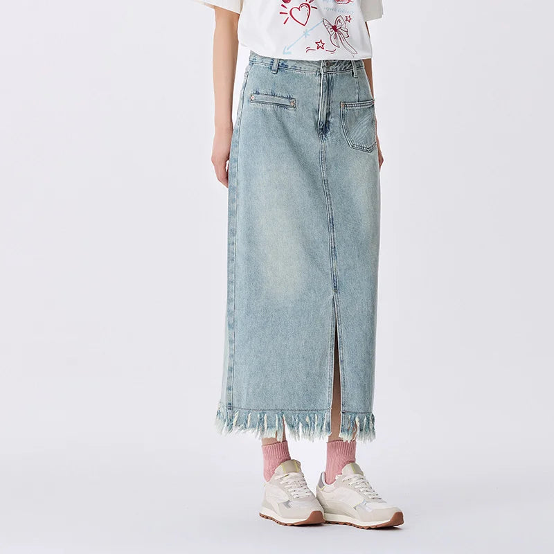 Semir Denim Skirt Women Distressed Trendy Personality Trendy Cool Autumn Street Retro Style Frayed Edge Slit Straight-Leg Skirt