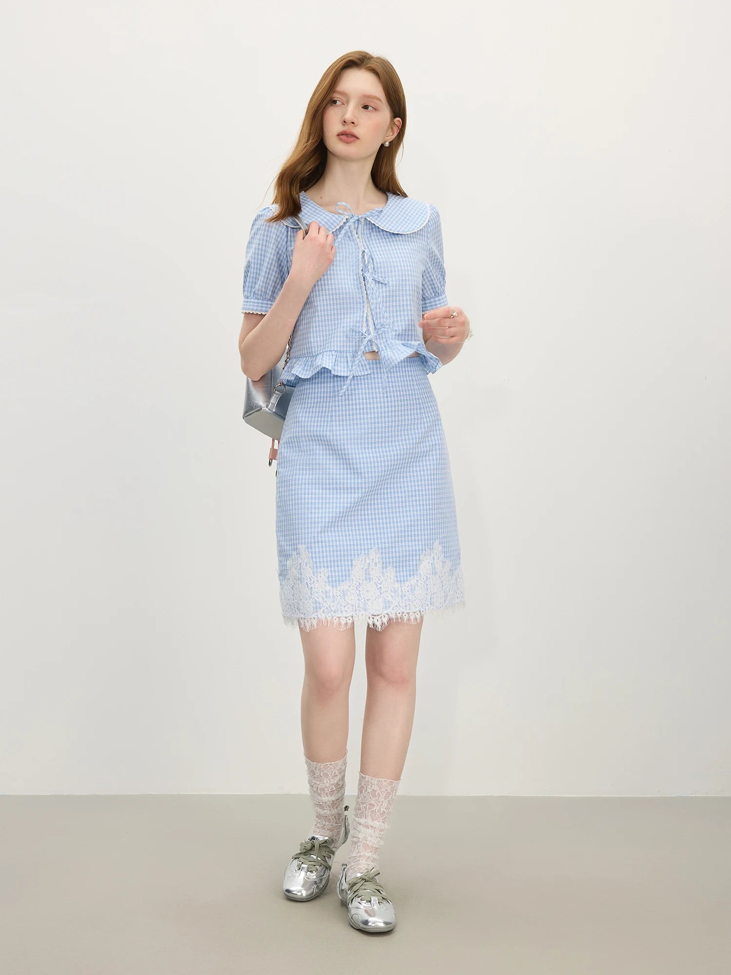 FSLE Sweet Style College Doll Collar Striped Shirt Skirt For Women 2025 Summer New Arrival Lace Stitching Chic Set HolidayOutfit