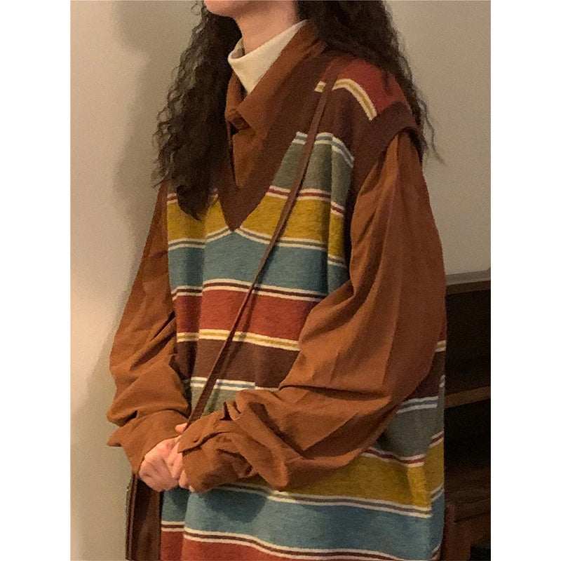 Vintage Striped Sweater Vest Women Harajuku Sleeveless Knitted Pullovers Streetwear Oversized Waistcoat Knitwear Korean Jumpers