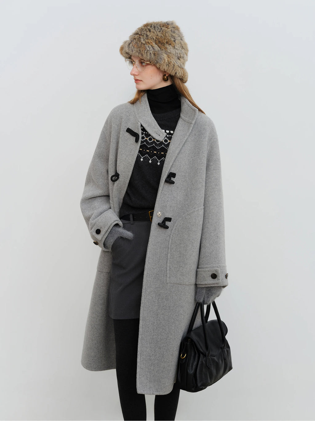 Crafty Studio Wool Coat for Petite Women with Horn Buttons, Standing Collar, and Double-Faced Design 2025 New