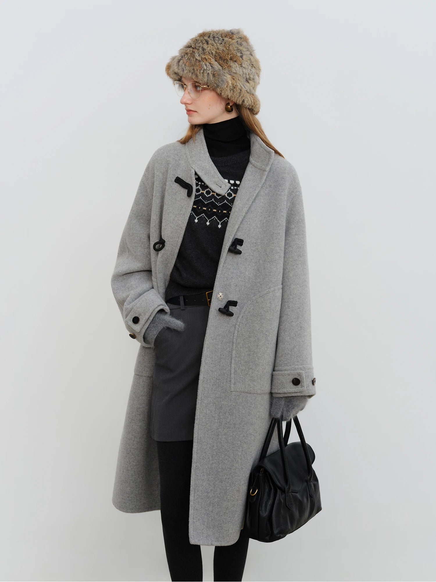 Crafty Studio Wool Coat for Petite Women with Horn Buttons, Standing Collar, and Double-Faced Design 2025 New