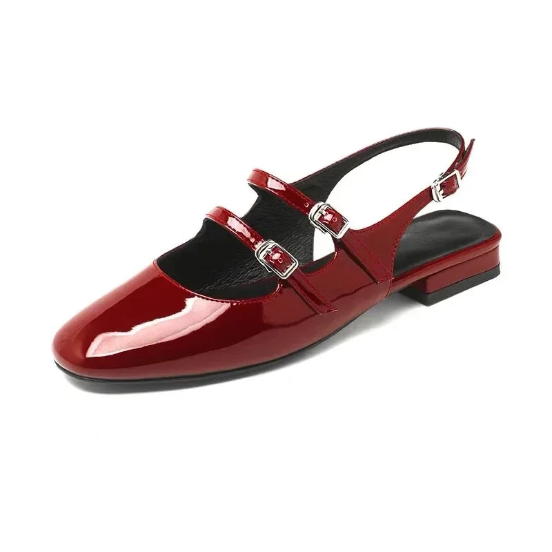 Women Sandals Summer 2024 Woman Low Heels Double Buckle Mary Janes Shoes Patent Leather Dress Shoes Back Strap Zapatos Mujer