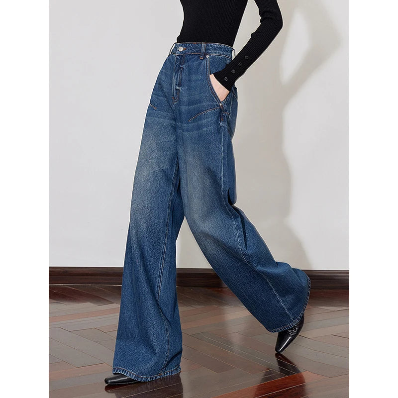 TOYOUTH Women Denim Jeans 2024 Autumn and Winter New Mid Waist Washed Straight Wide Leg Pants