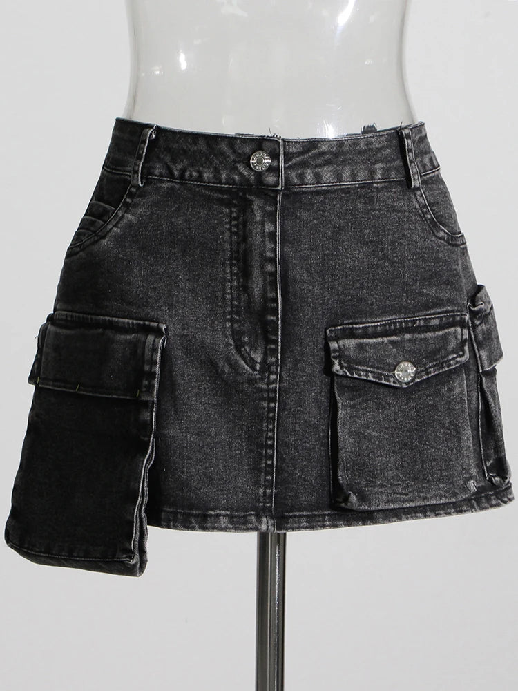 TWOTWINSTYLE Black Two Piece Sets For Women Lapel Long Sleeve Short Top High Waist Patchwork Pocket Mini Skirt Denim Set Female