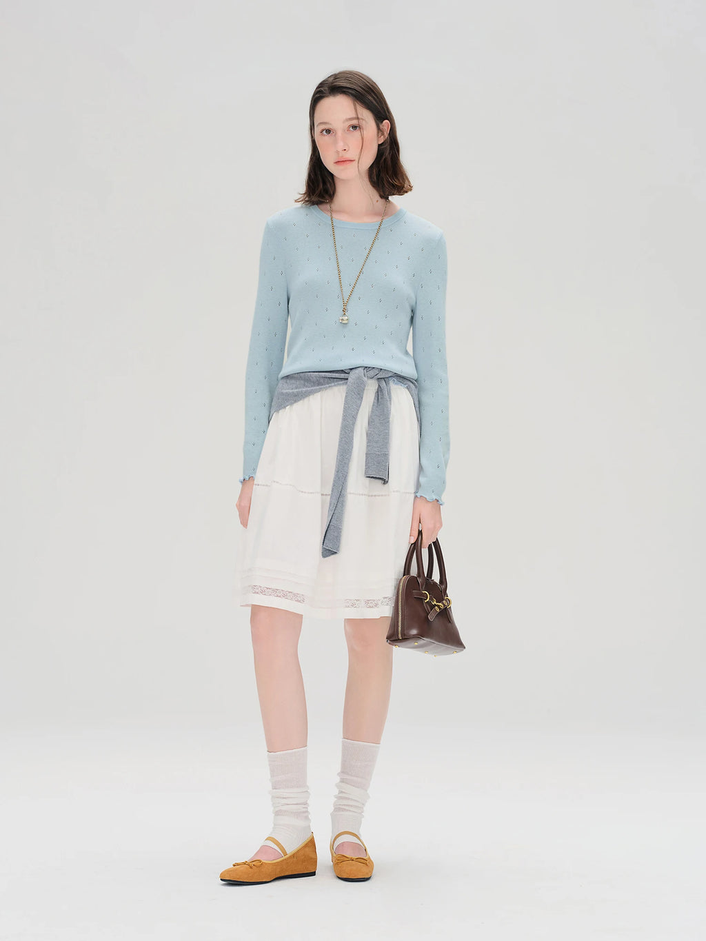 DUSHU Autumn 2025 Women's Round Neck Knit Top - Eyelet Trim Lace Edge Ribbed Texture Office Casual Blouse with Loose Fit