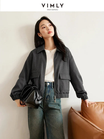 VIMLY Women's Autumn Simple Loose Versatile Jacket Casual Short Coat Jacket Double Zip Lapel Jacket Office Lady Outerwears M8686