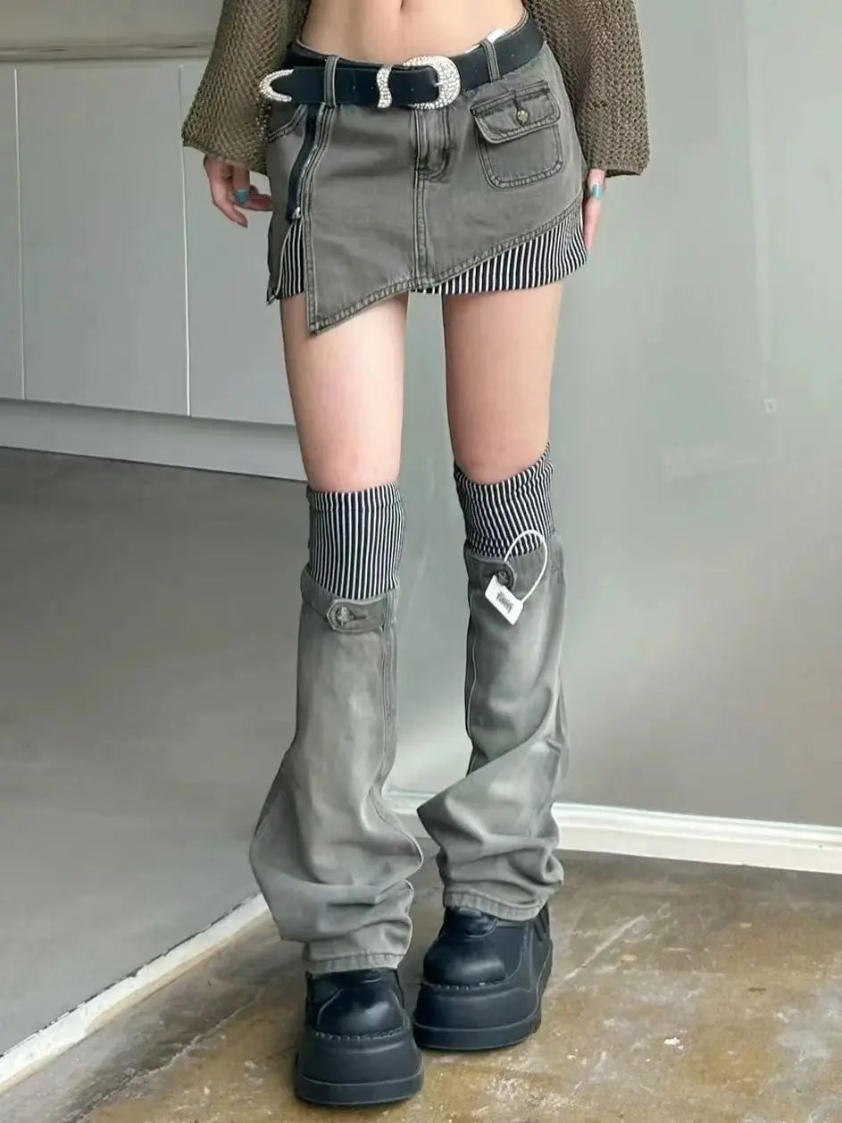 American retro patterned patchwork denim suit half skirt women Y2K irregular short skirt leg cover two-piece set for wearing