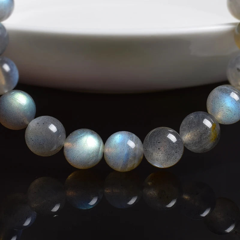 Natural Grey Labradorite Bracelets Flash Smooth Spectrolite Moonstone Round Elastic Beads Bracelet Genuine Natural Stone Jewelry