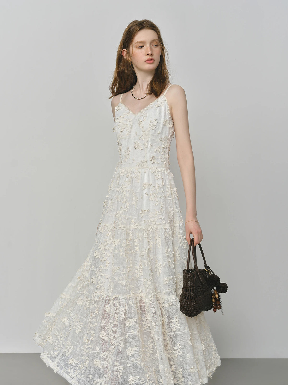FSLE French Heavy Embroidery 3D Floral Layered Strap Dress 2025 Autumn New Arrival Woman Clothing Dresses