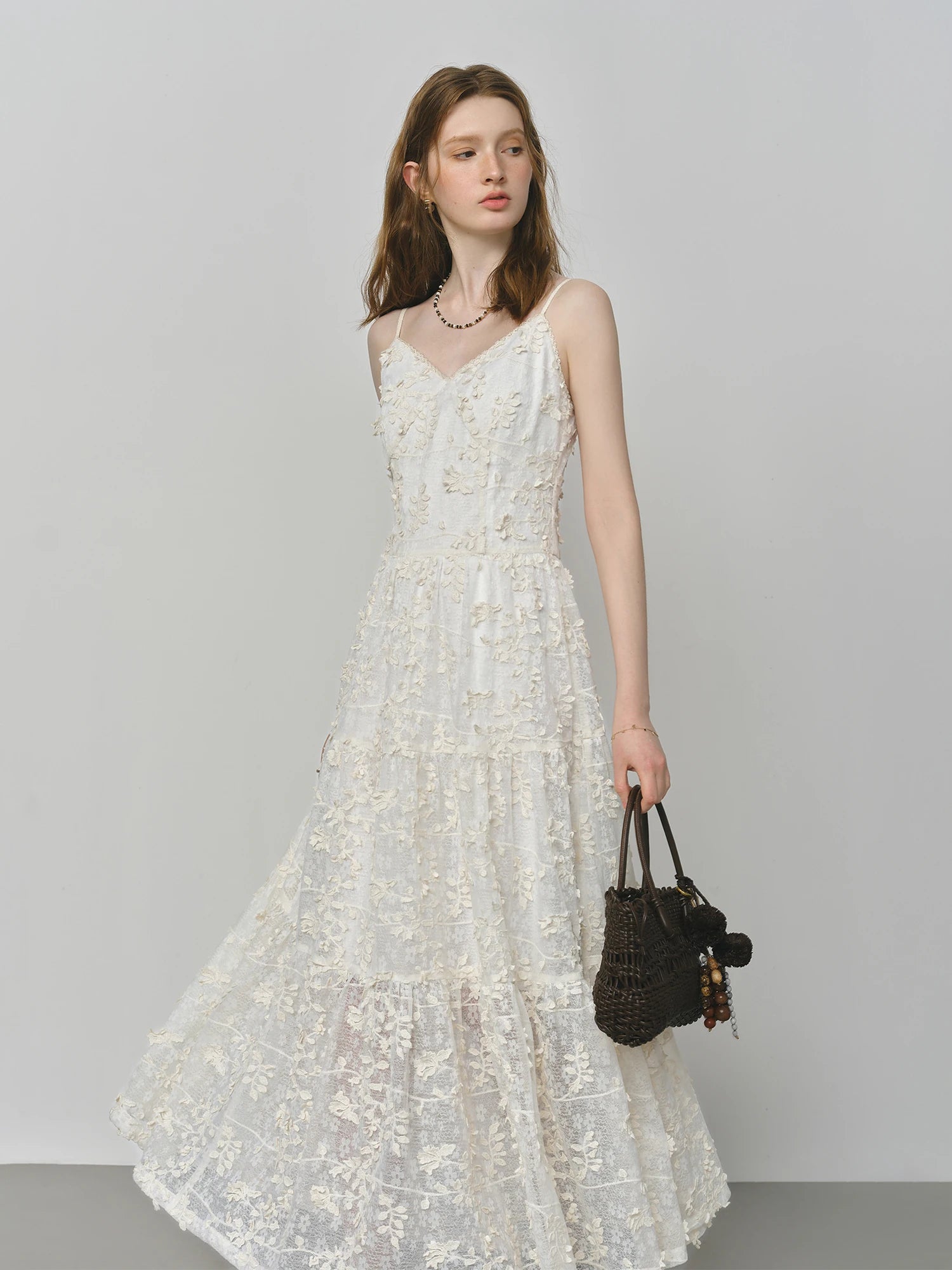 FSLE French Heavy Embroidery 3D Floral Layered Strap Dress 2025 Autumn New Arrival Woman Clothing Dresses