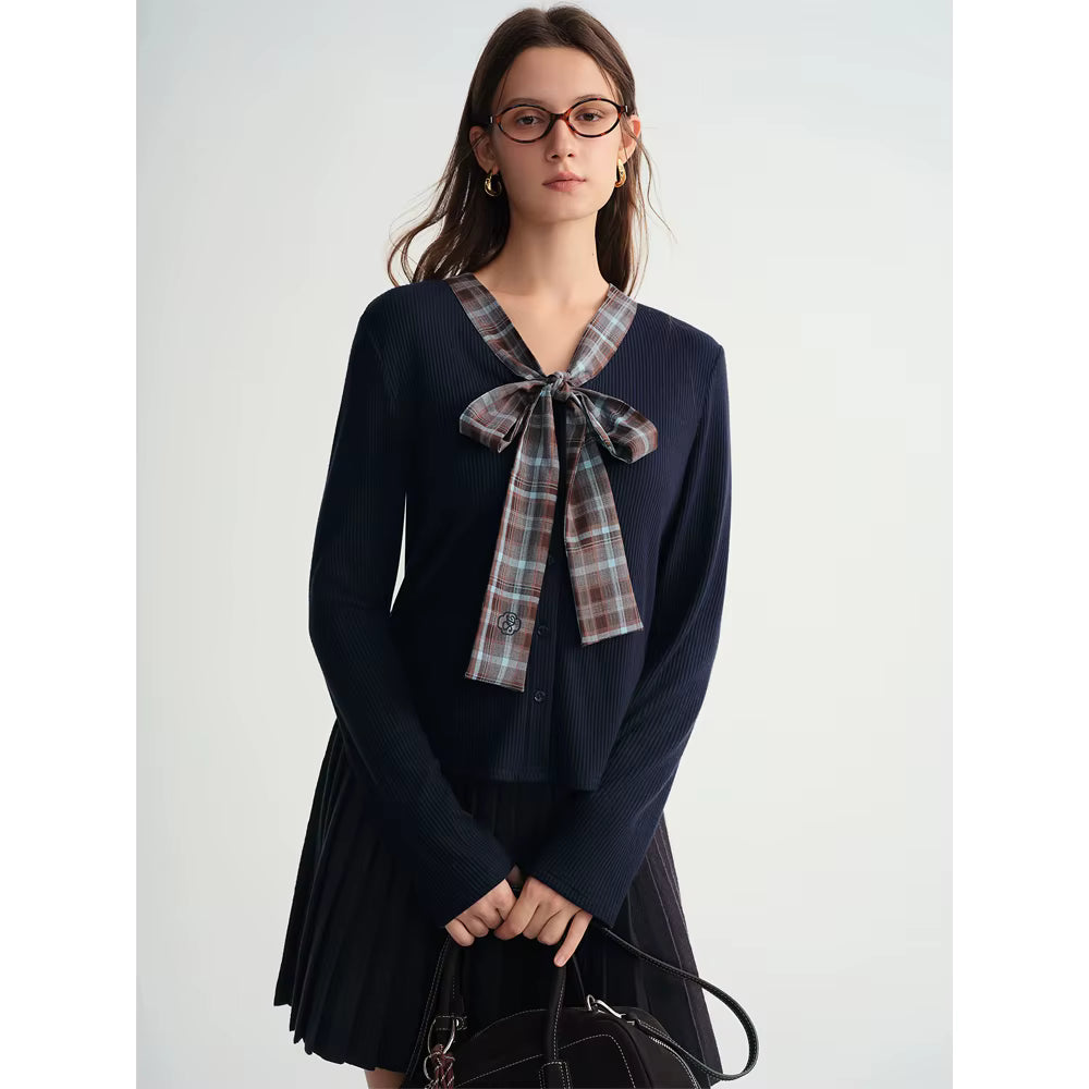 Autumn Winter 2025 Women's Plaid Mock Layer Knit Cardigan - Tartan Print Tie Collar Casual Coatigan Versatile Top