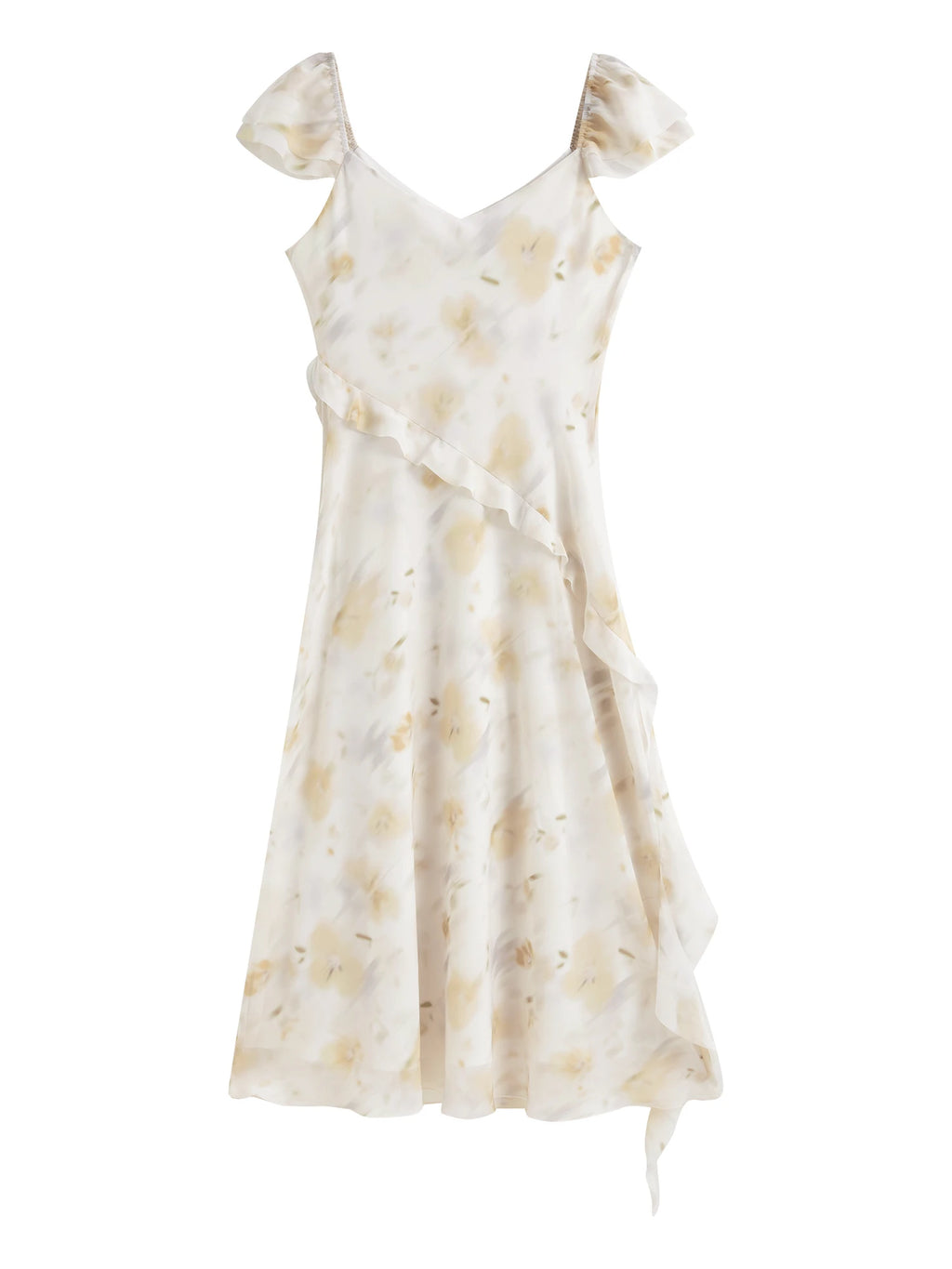 ZIQIAO【2 Vesions】Women Chiffon Strappy Long Dress 2025 Summer New Fly Sleeve Polyester Floral Dresses
