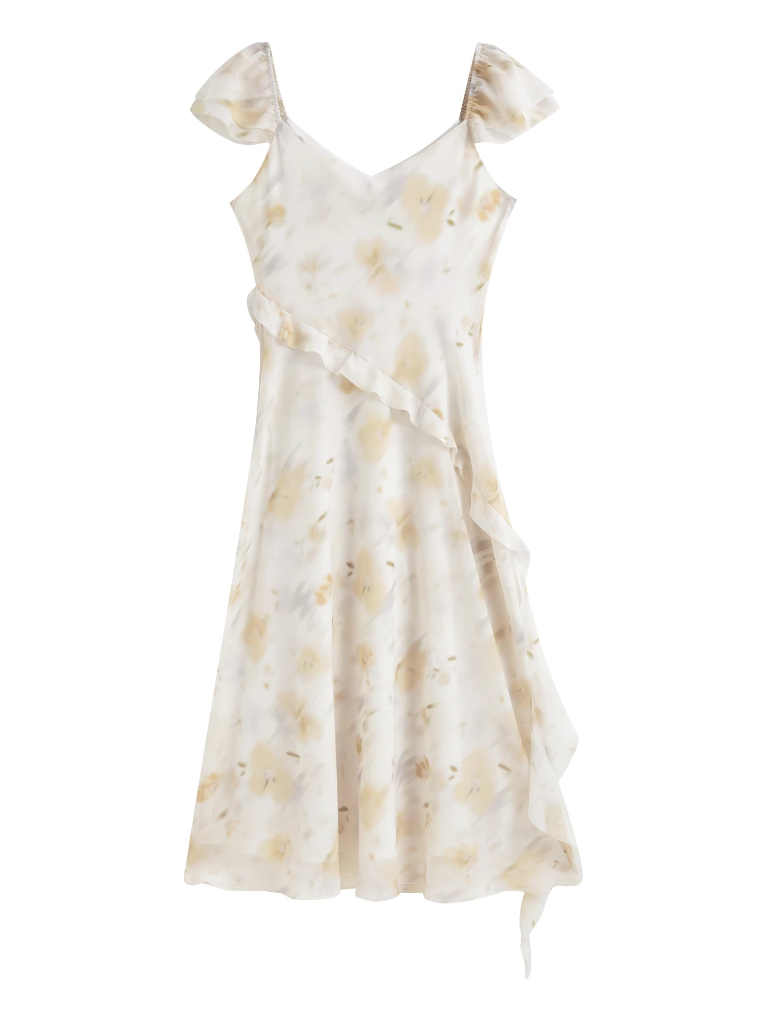 ZIQIAO【2 Vesions】Women Chiffon Strappy Long Dress 2025 Summer New Fly Sleeve Polyester Floral Dresses