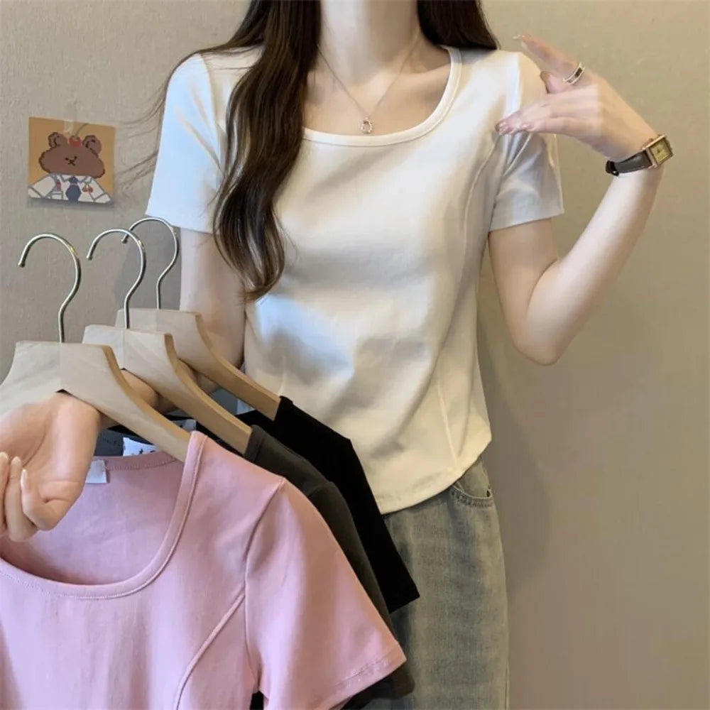 Square Neck Fishbone Short Sleeve T-Shirt Women's Korean 2024 Summer Slim Fit Short Style Hot Girl Collarbone Right Shoulder Top