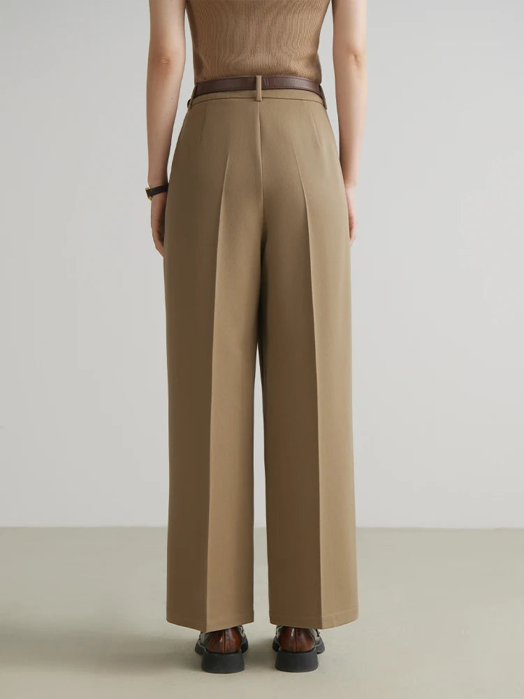 DUSHU Women Straight Leg Commuting Long Trousers Pleated Design Retro Khaki Brown Office Lady Suit Pant Spring Trouser 24DS81158