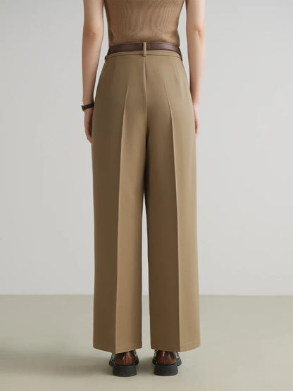 DUSHU Women Straight Leg Commuting Long Trousers Pleated Design Retro Khaki Brown Office Lady Suit Pant Spring Trouser 24DS81158