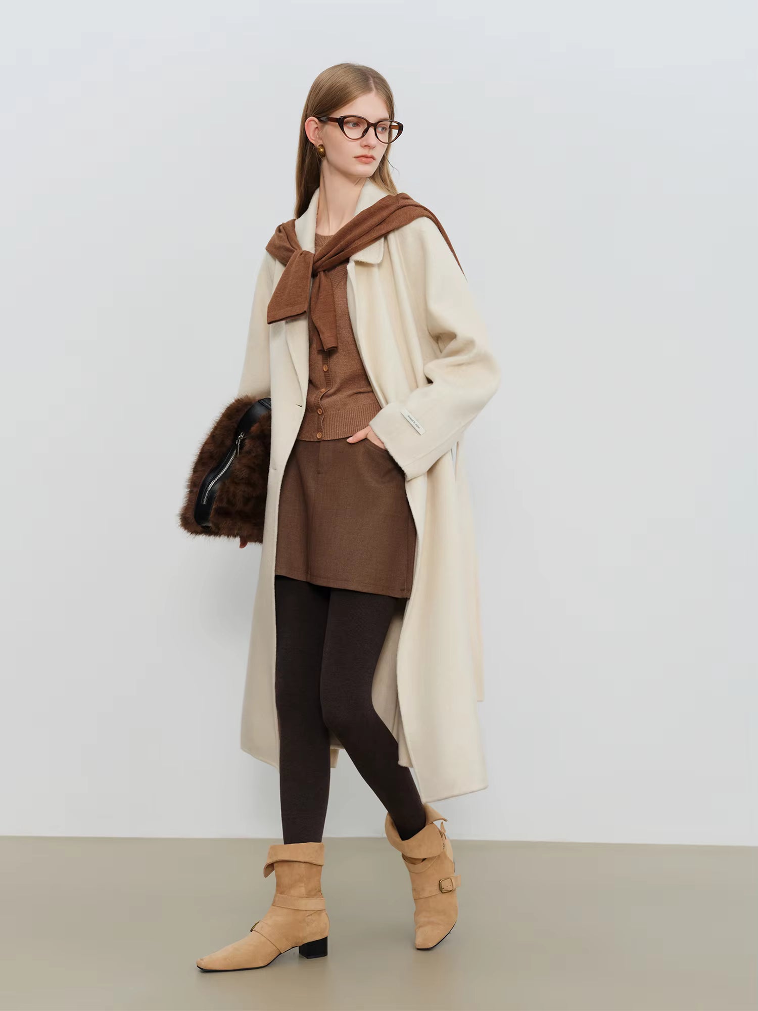 Crafty Studio Petite Women's White Camel Wool Coat with Double Faced Design 2025 Winter New Collection Wool