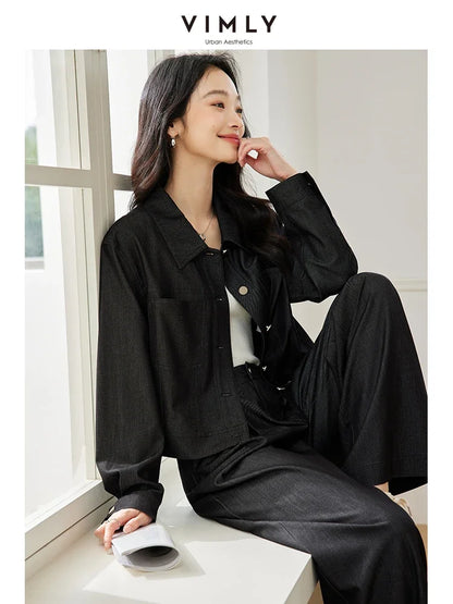 VIMLY Women's Winter New Vintage Casual Matching Set Autumn Simple New Cardigan Jacket+Wide Leg Pants Commuter Two Piece Set