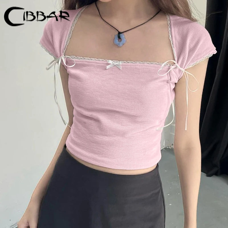 CIBBAR Cute Coquette Pink Knit Cropped Top Chic Bandage Short Sleeve Square Collar Tee Shirt Women Summer T Shirt y2k Ladies Top