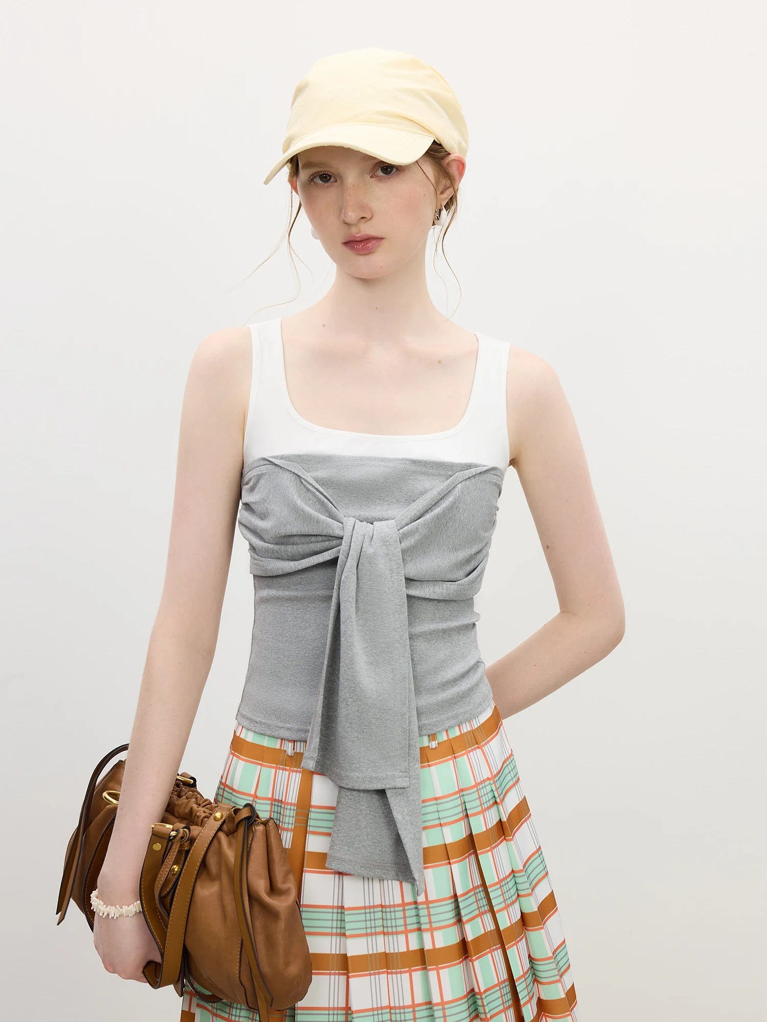 FSLE 2025 Summer Square Neck Tee - Contrast Panel Adjustable Tie Layered Look Resort to Office