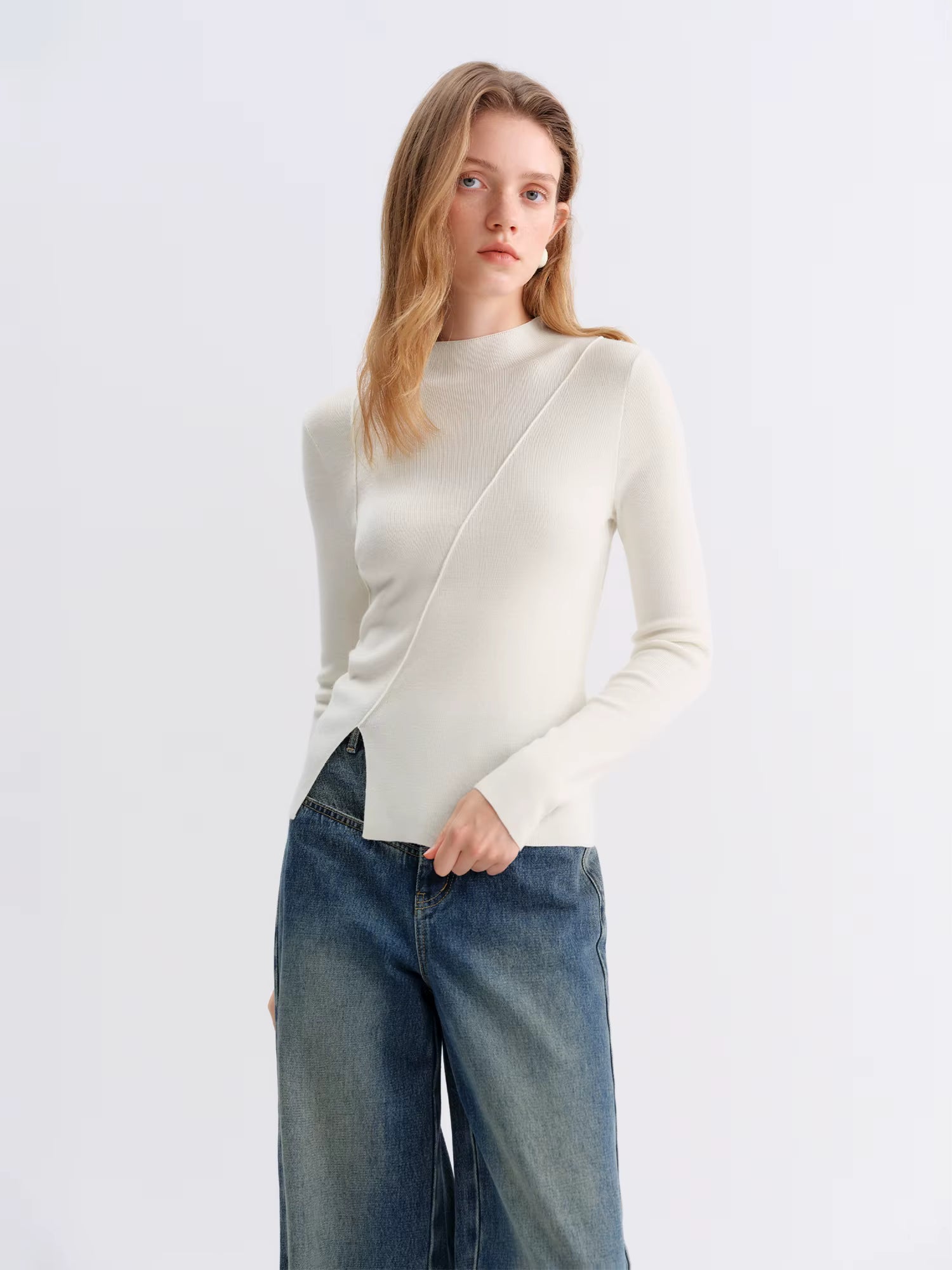 2025 Winter Women's Mulberry Silk Wool Blend Knit Top - Asymmetric Bias Cut Design Base Layer for Casual Comfort