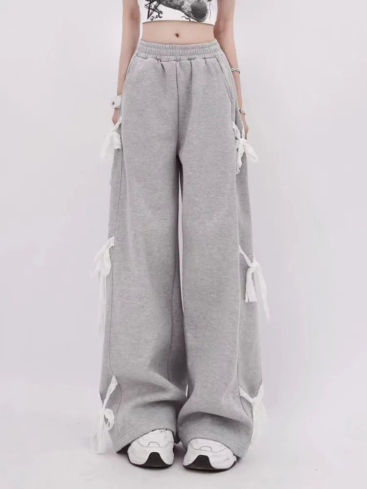 Women's Grey Lace Lace-up Pants Vintage Y2k Harajuku 90s Aesthetic Sweatpants Retro High Waist Wide Trousers 2000s Clothes 2024