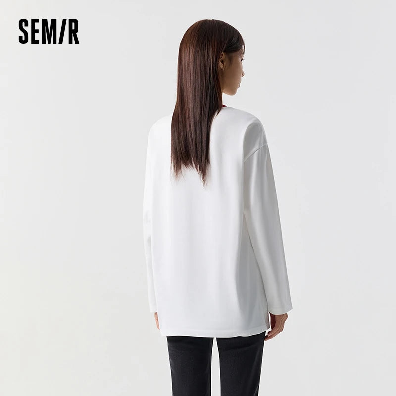 Semir Long Sleeve T-Shirt Women Loose Contrast Color 2024 New Spring New Year Red Innerwear Pure Cotton Top