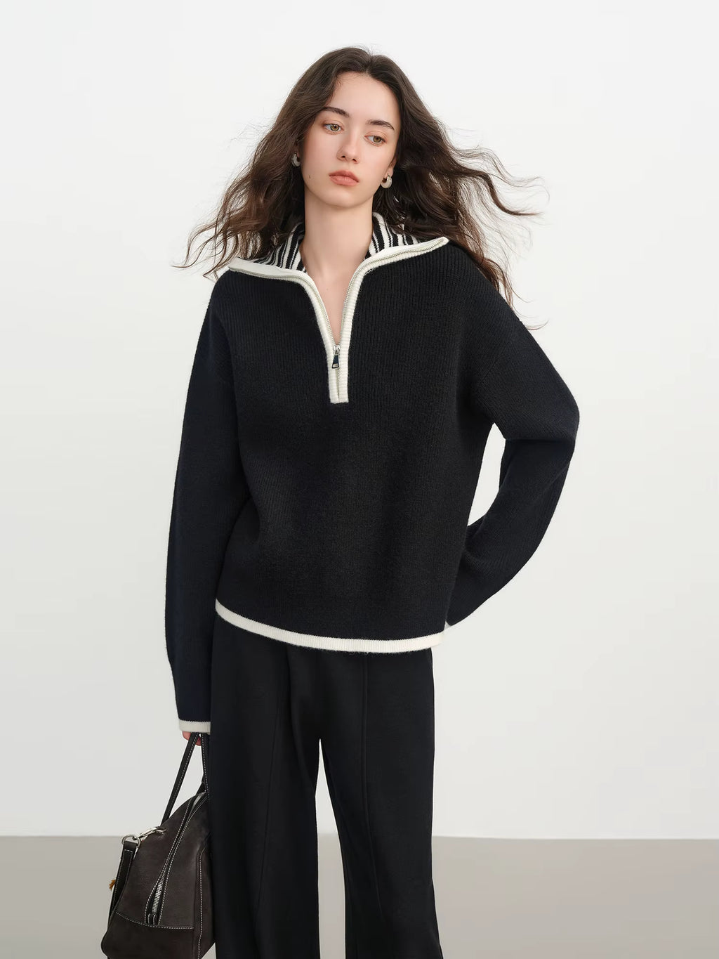 Women's 2025 Autumn/Winter New Style Ribbed Loose-fitting Zipper Stand Collar Color Block Inner Knit Sweater