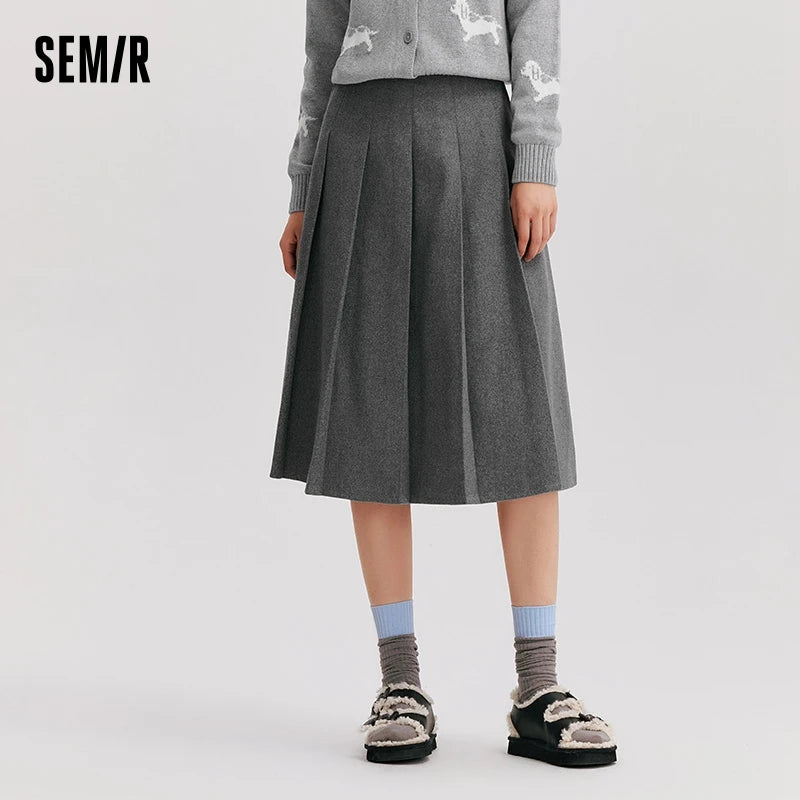 Semir Skirt Women Imitation Woolen Simple Versatile Fashionable 2024 Winter New Solid Color A-Line Pleated Skirt Literary Skirt