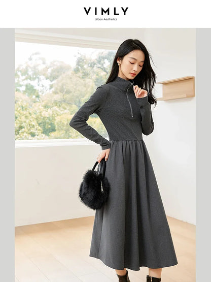 VIMLY Women's Solid Patchwork Simple A-Line Dresses Semi High Neck Long Sleeve Waisted Office Lady Minimalist Temperament Dress