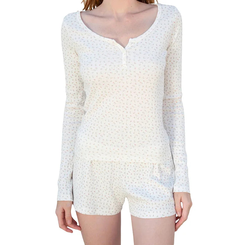 Women Y2K Pajamas Shorts Set 2 Piece Floral Print Button Down Long Sleeve Top and Shorts Bodycon Pjs Suit Lounge Cozy Sleepwear