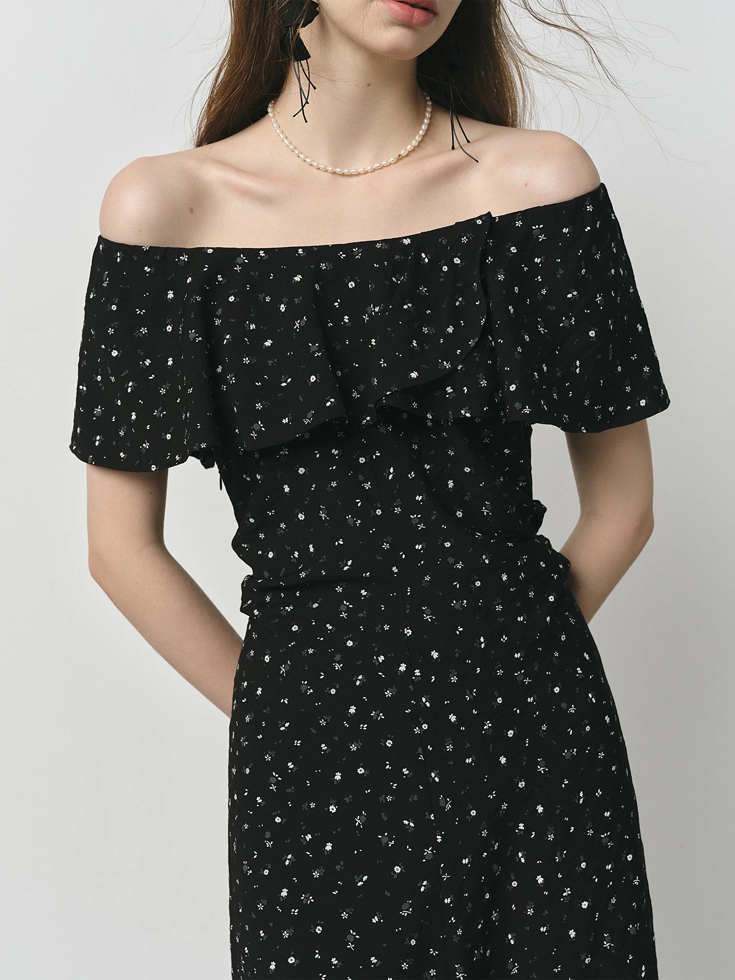 FSLE French Charmeuse Ruffled Floral Print Off Shoulder Skirt Dress for Women 2025 Summer  New Arrival Dresses
