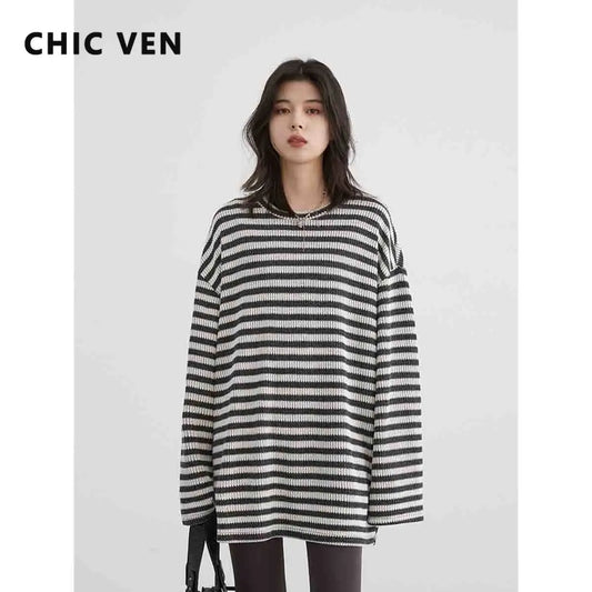 CHIC VEN Women's T-Shirts Classic Casual Loose O Neck Striped Tops Basic Fashon Knit Tees Female Clothing Spring Autumn New 2024