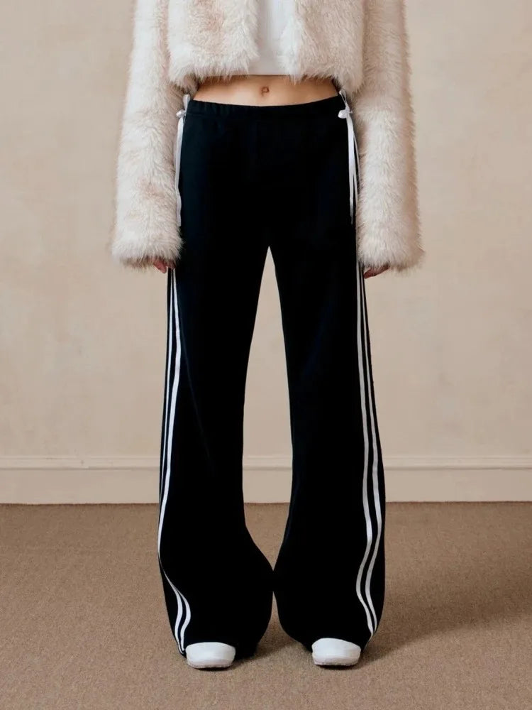 HOUZHOU Contrast Spliced Striped Sports Pants Women American Retro Kawaii Sweet  Bow Bandage High Waist Straight Leg Trousers