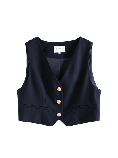 DUSHU Preppy Style Detachable Tie Shirt Vest Two-piece Set for Women Spring New Navy Blue and Khaki Color Shirt + Vest Female