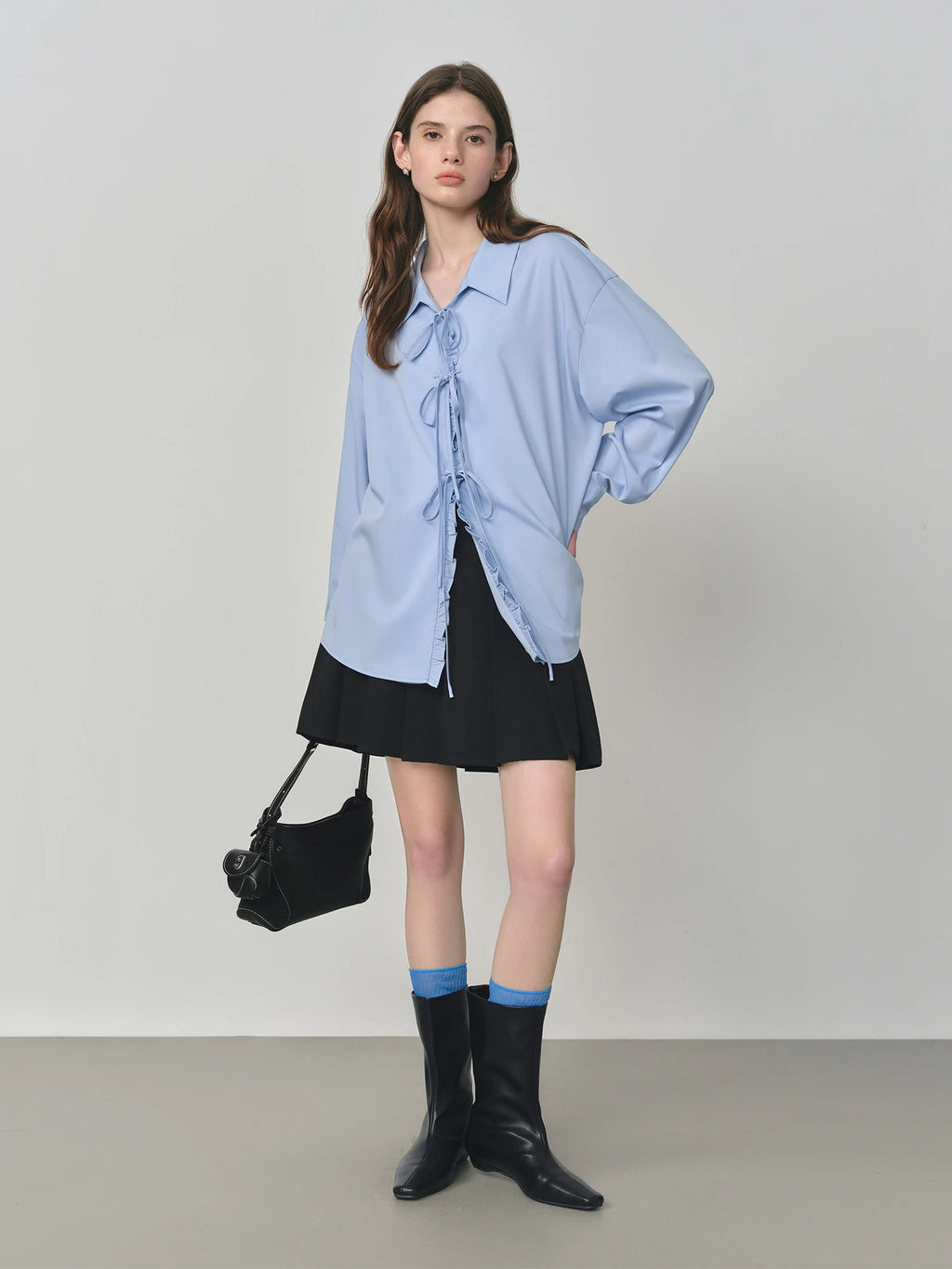 FSLE Autumn 2025 Women's French Inspired Blouse - Ruffle Trim Tie Front Loose Fit Shirt Collar Top Soft Blend Daily Wear