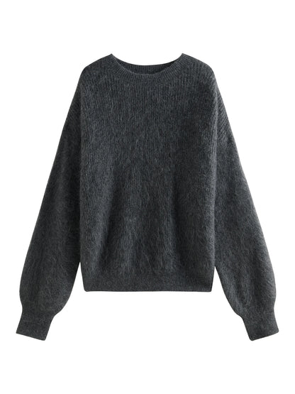 FSLE 55.8% Alpaca Wool Round Neck Gray Sweater For Women 2024 Autumn Winter All-match Chic Warm Pullover Sweater 24FS14233