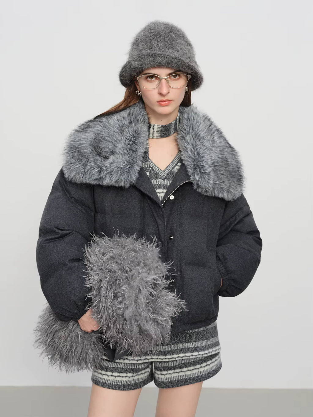 Down Jacket for Women 2025 New Winter Wool Blend Removable Fur Collar Warm Coat Lightweight Puffer Outerwear