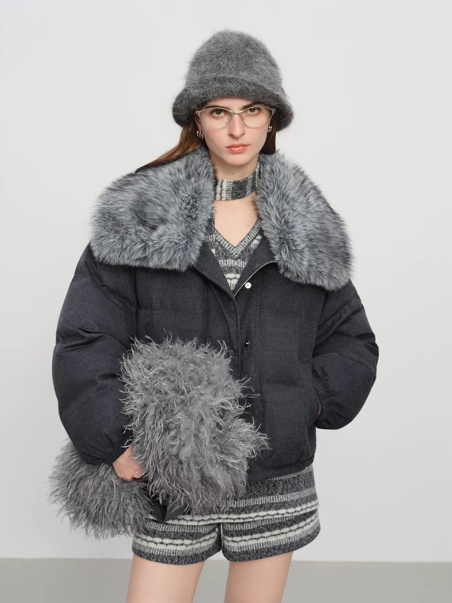 Down Jacket for Women 2025 New Winter Wool Blend Removable Fur Collar Warm Coat Lightweight Puffer Outerwear