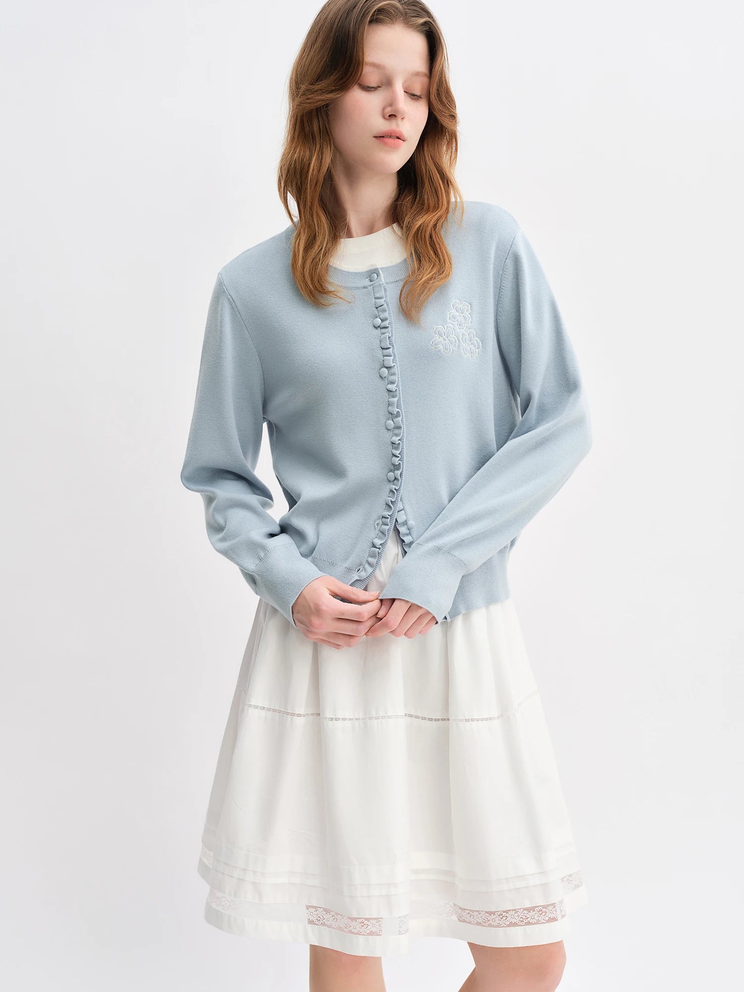 DUSHU Autumn 2025 Women's Floral Embroidered Knit Cardigan - Ruffle Trim Loose Fit Lightweight Layering Casual Blouse Top