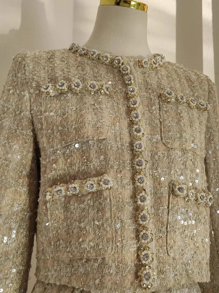 Autumn Winter Beading Tweed Pearls Short Jacket Coat + Mini Pleated Skirt Suit Two Piece Sets Womens Outifits